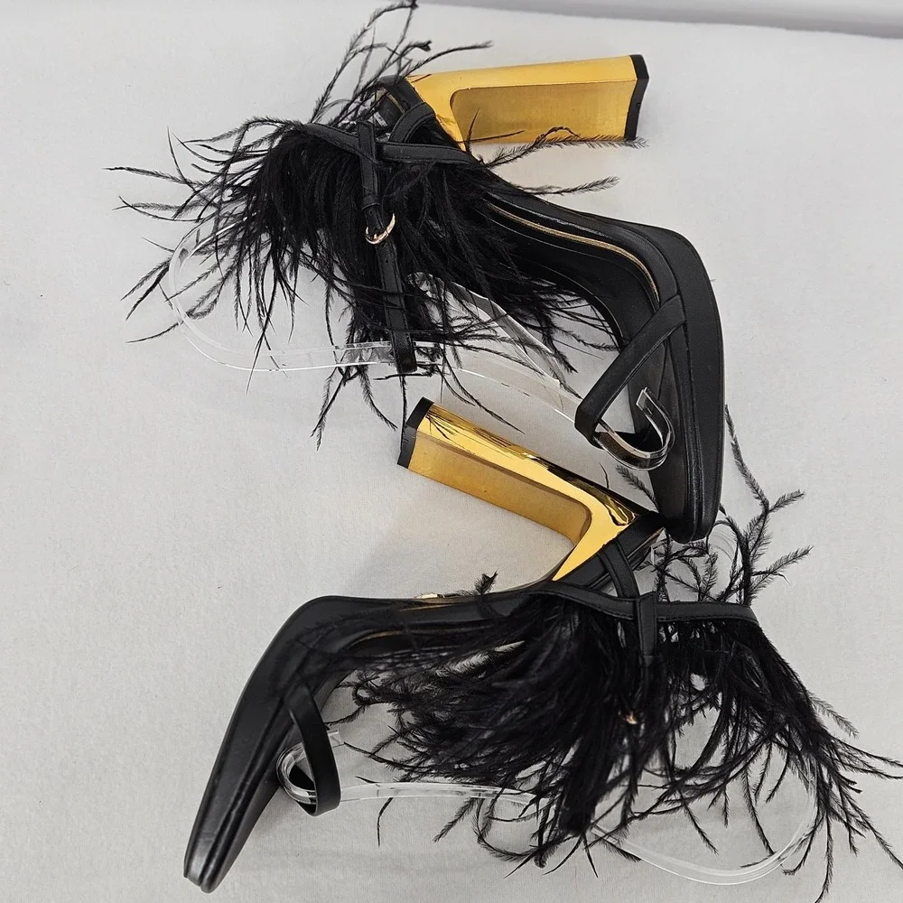 Zara Black Feather Trim Gold Block Heel Sandals Wrap Ankle Strap Womens 6 NEW‎ - Picture 4 of 9